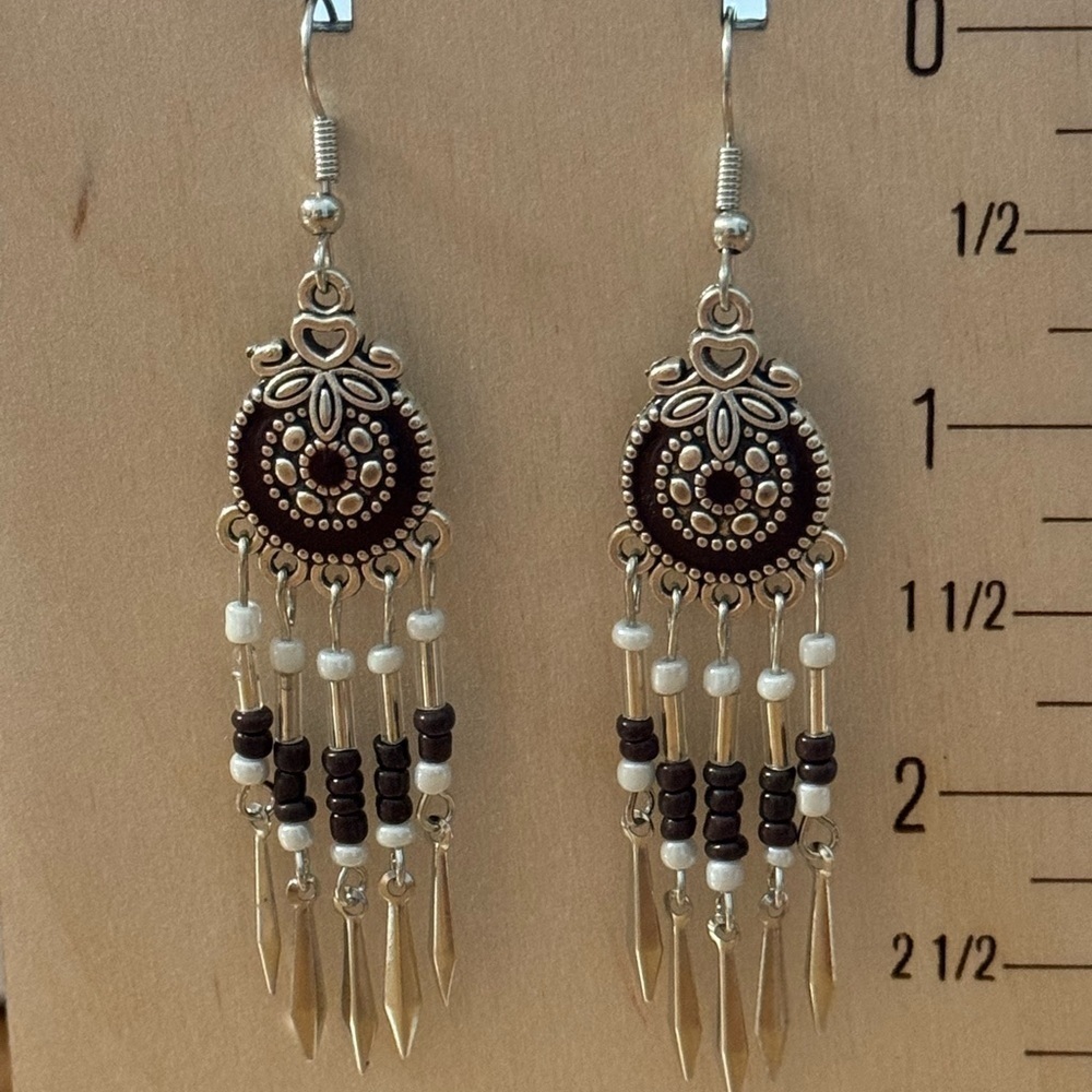 Silver-Tone with Dark Red Beads and Metal Tassel Earrings BRAND NEW - Picture 4 of 4